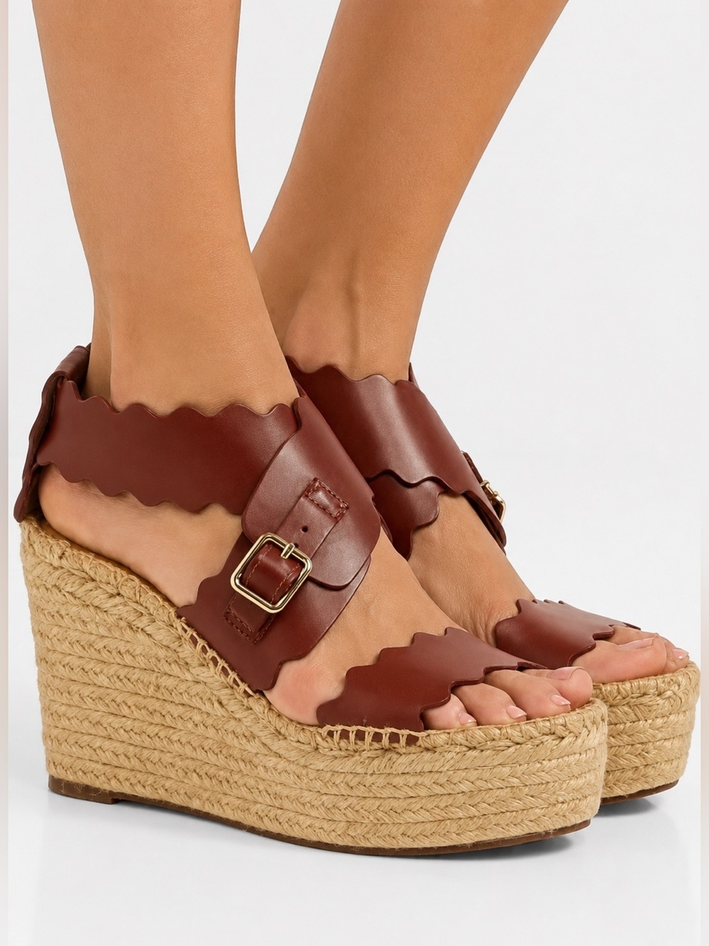 CHLOE’ Lauren Platform Espadrille Wedge Sandals Rust Scalloped Leather Heels - Picture 2 of 10